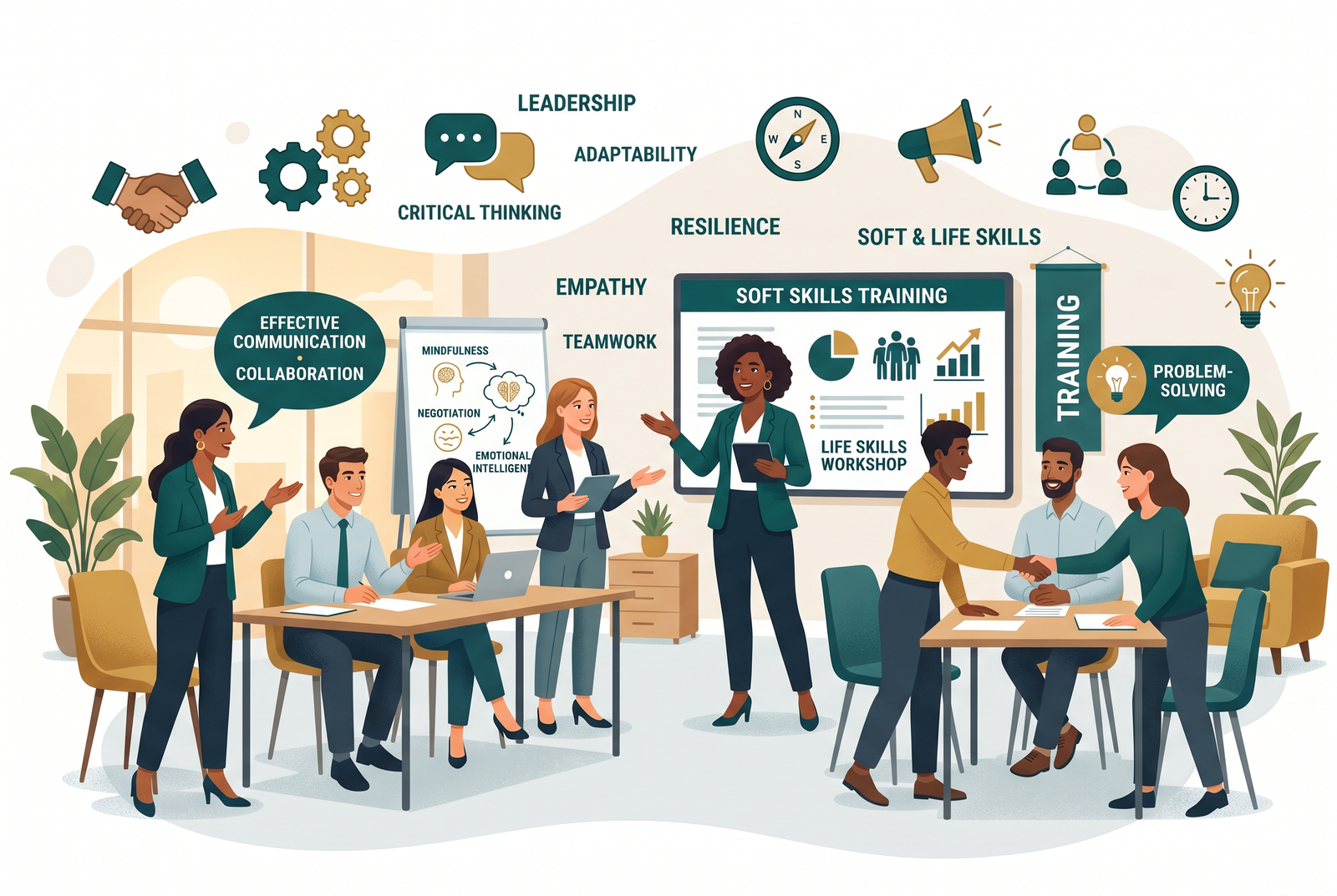 Soft skills visual: communication, leadership, emotional intelligence, and adaptability